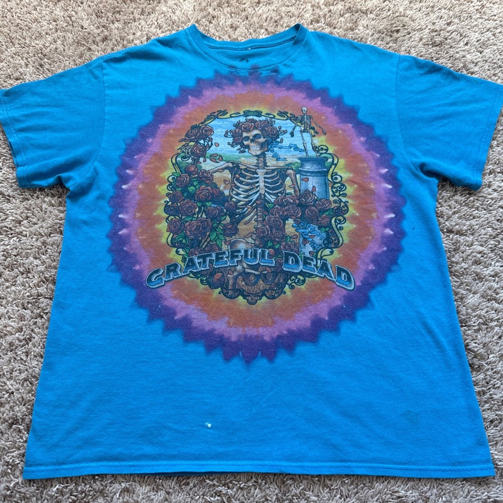 Liquid Blue Grateful Dead Bertha Skull Roses Tie Dye T-Shirt Blue Y2K Large